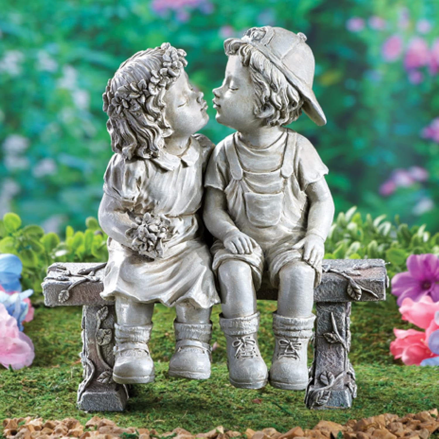 First Kiss, Puppy Love, Kissing Couple Garden Sculpture, 8 1/4″ L X 4 3/4″ W X 9