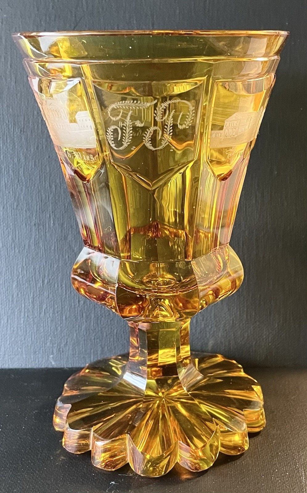 Beautiful Antique Amber Glass Commemorative Cut Glass Footed Beaker Chalice