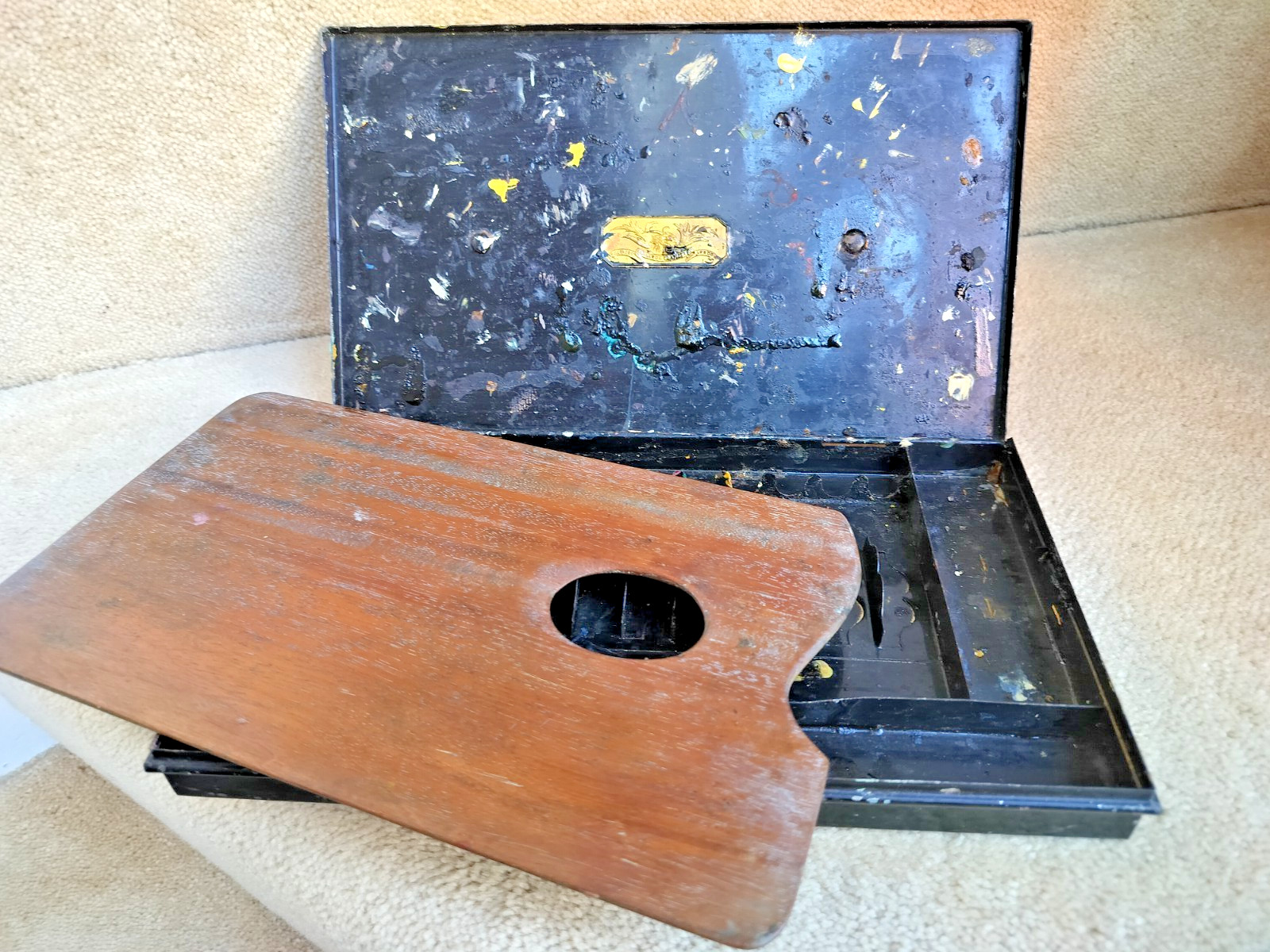 Jabez Barnard Victorian metal paint box and mahogany palette, Berners St London