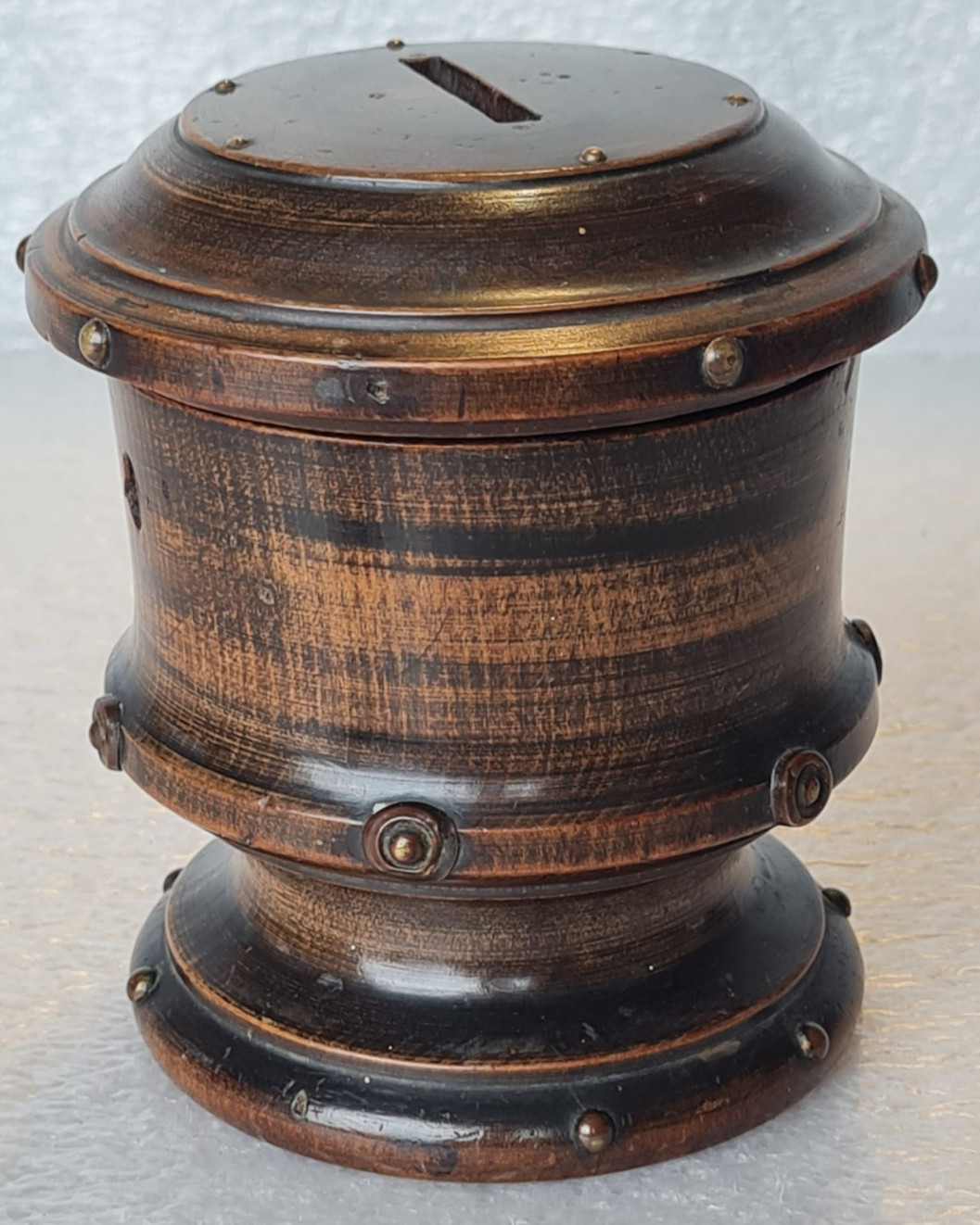 Antique Swiss Wooden Studded Money Box, Moneybox