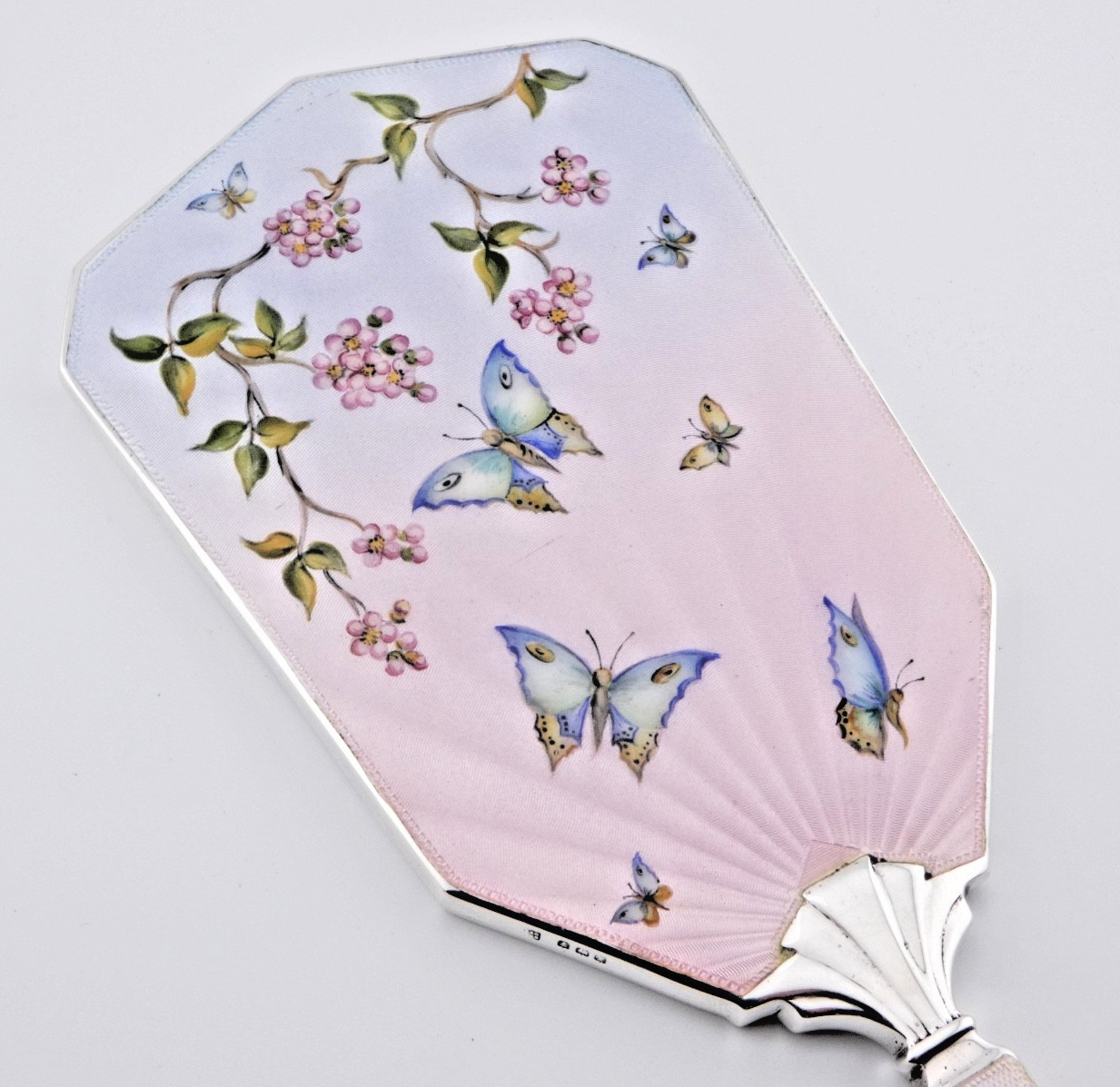 STUNNING ART DECO SOLID STERLING SILVER GUILLOCHE ENAMEL BUTTERFLY HAND MIRROR