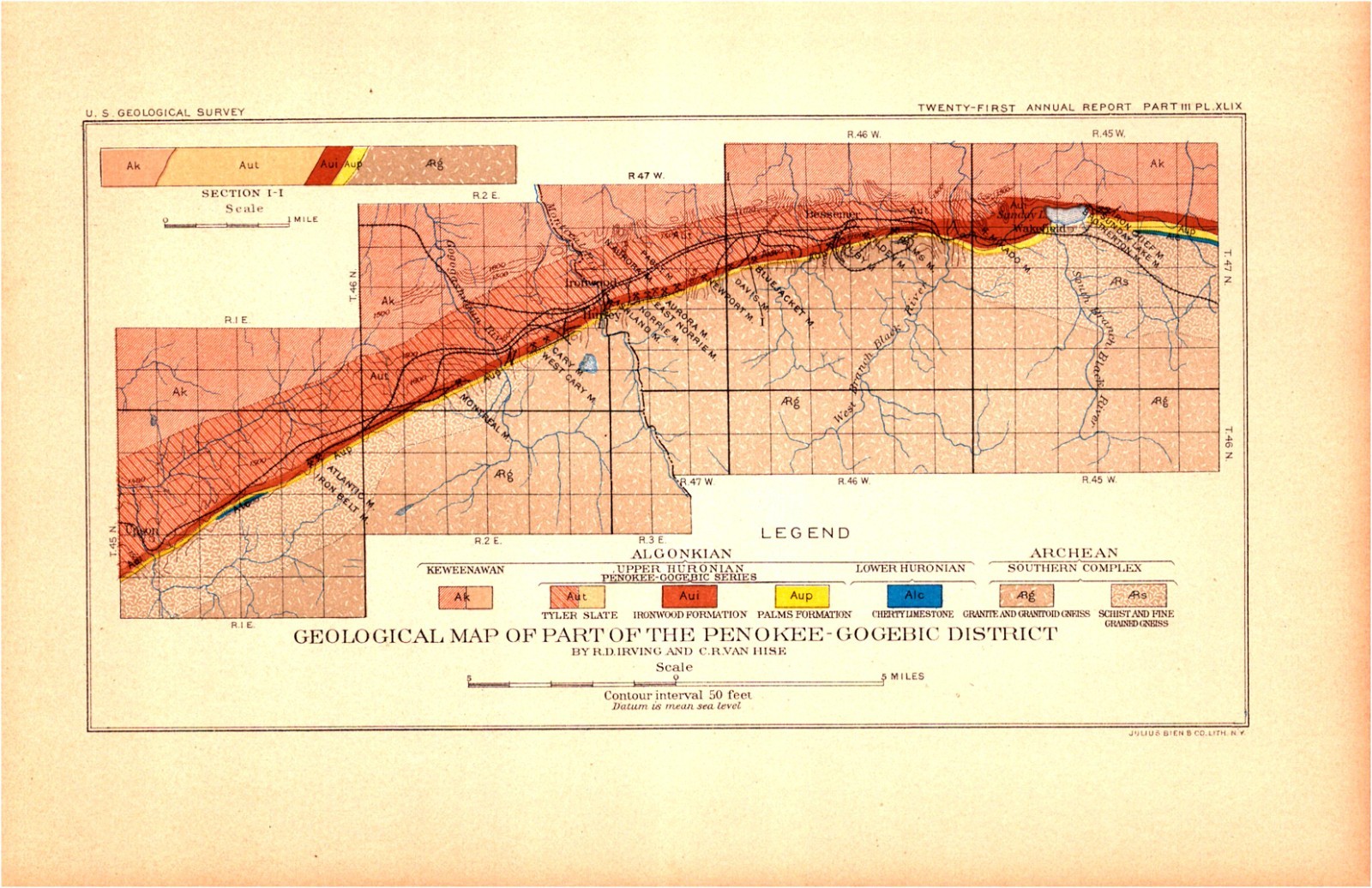 1901 Antique USGS Map of Wisconsin & Michigan-Gogebic District Geology