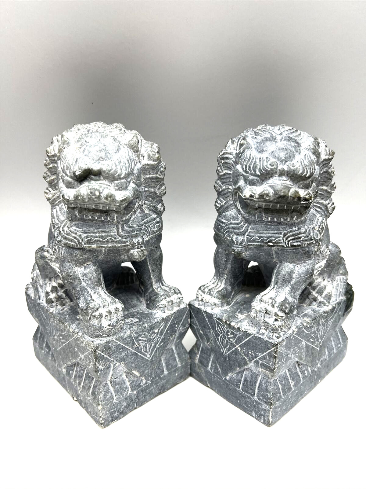 Pair of Vintage / Antique Buddhist Black /Gray Soapstone Foo Dogs 6 Inches Tall