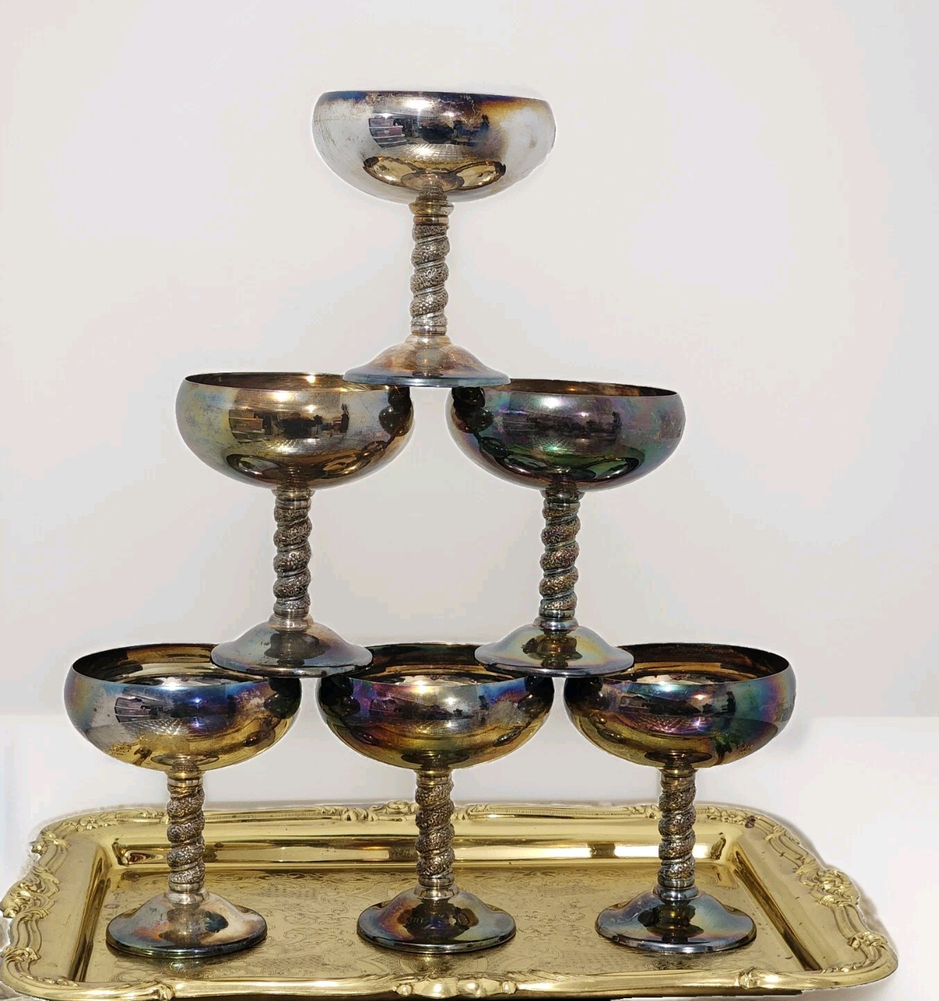Vintage Falstaff Silver-plated Champagne Goblets Made in Spain Set Of 6 Antique