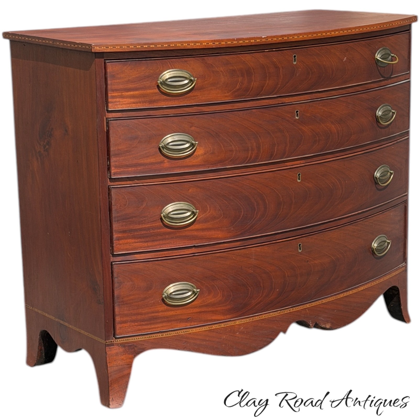 Antique Inlaid Hepplewhite federal walnut bow front chest of drawers dresser 19T