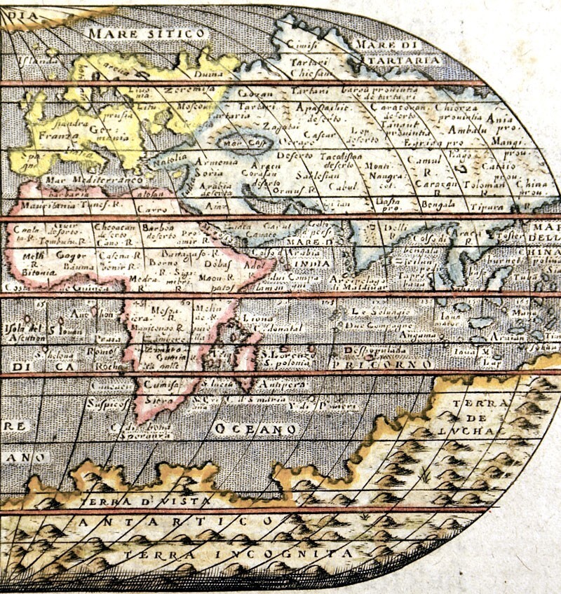 c.1586 ORIGINAL ANTIQUE WORLD MAP, OVAL PROJECTION – TOMMASO PORCACCHI, VENICE