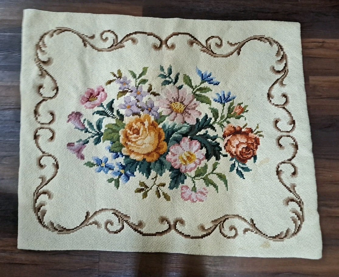 Vintage Handmade Needlepoint French Style Rug Or Tapestry Floral Pattern