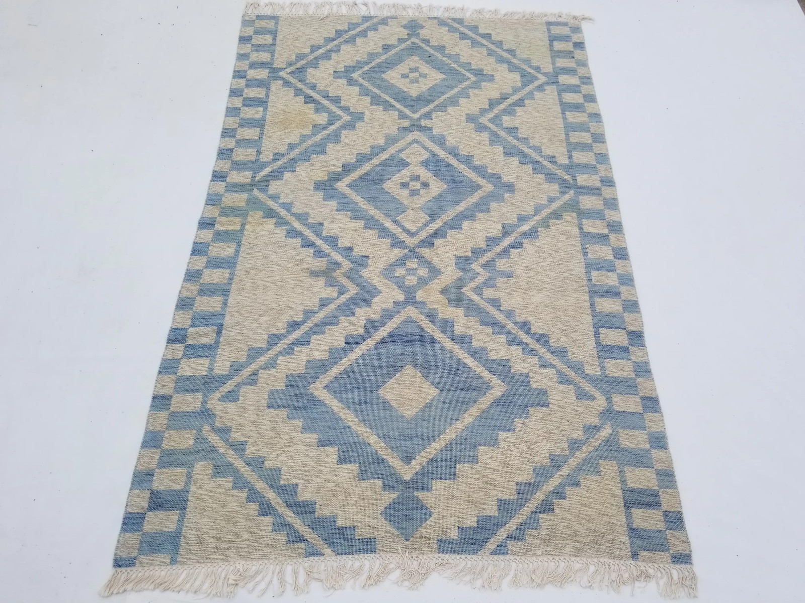 Vintage Handmade Traditional Geometric Blue Beige Kilim Rug Carpet 9.5×6.2ft