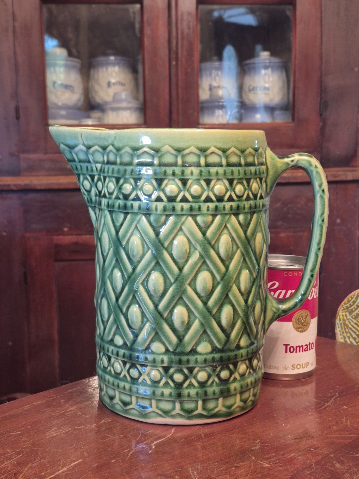 GORGEOUS Antique Green LATTICE & BEADS Yellow Ware Pitcher