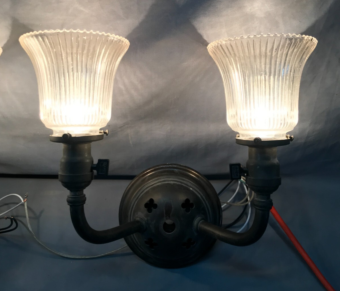 Pair Antique Gothic Mission Brass Double Glass Sconce Interior Lights 1211-25B
