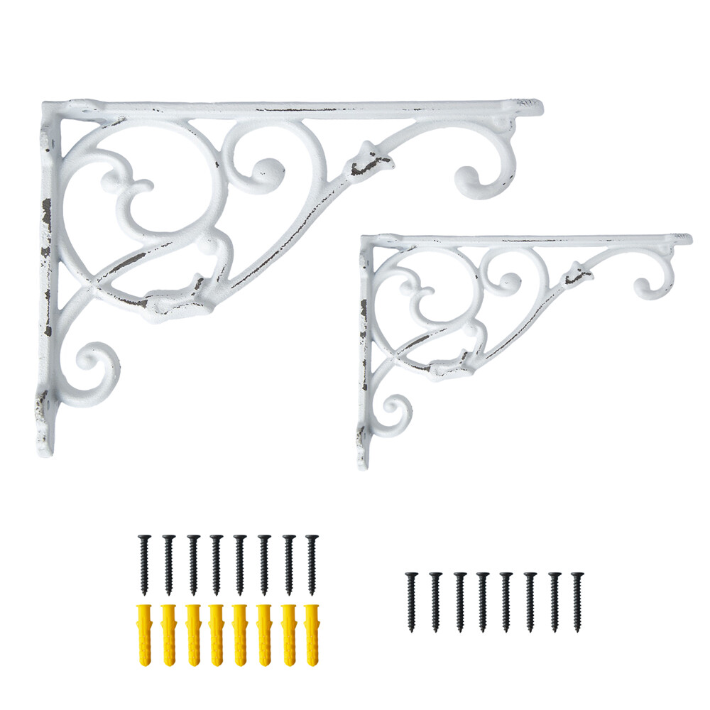 2 Pack 11 x 7.5 Inch Antique White Shelf Brackets Cast Iron Ornate Decorative