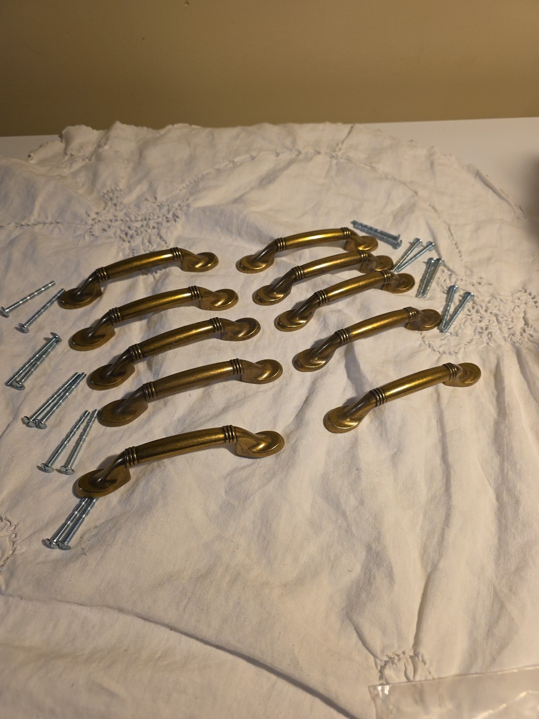 10 BRASS DRAWER PULLS 5.25″ LONG, 3 INCHES BETWEEN SCREWS