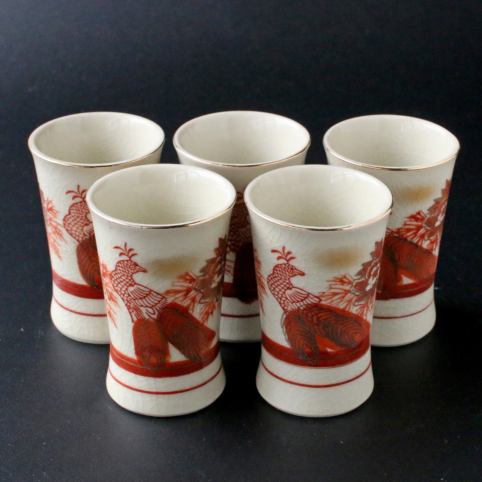Vintage Kutani Ware Sake Cup set of 5 Red Phoenix Gold Rim 50ml Signed Japan