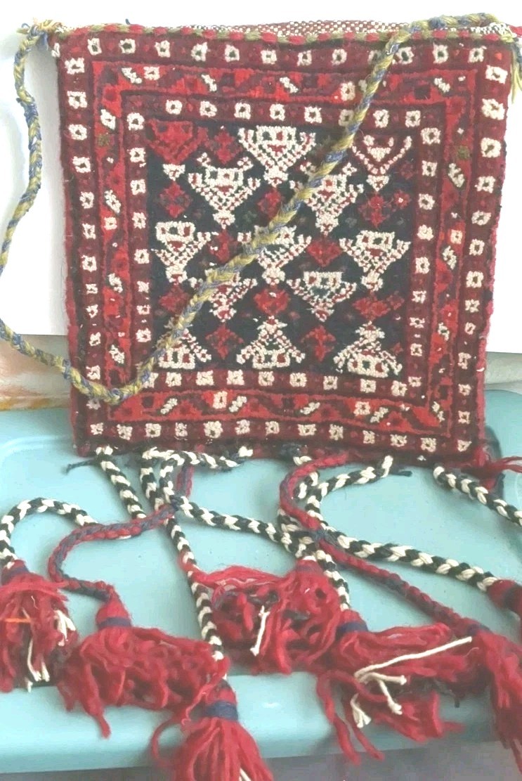 Vtg Salt Bag Namakdan Hand Woven Wool Kilim Carpet Rug Tapestry Tassel
