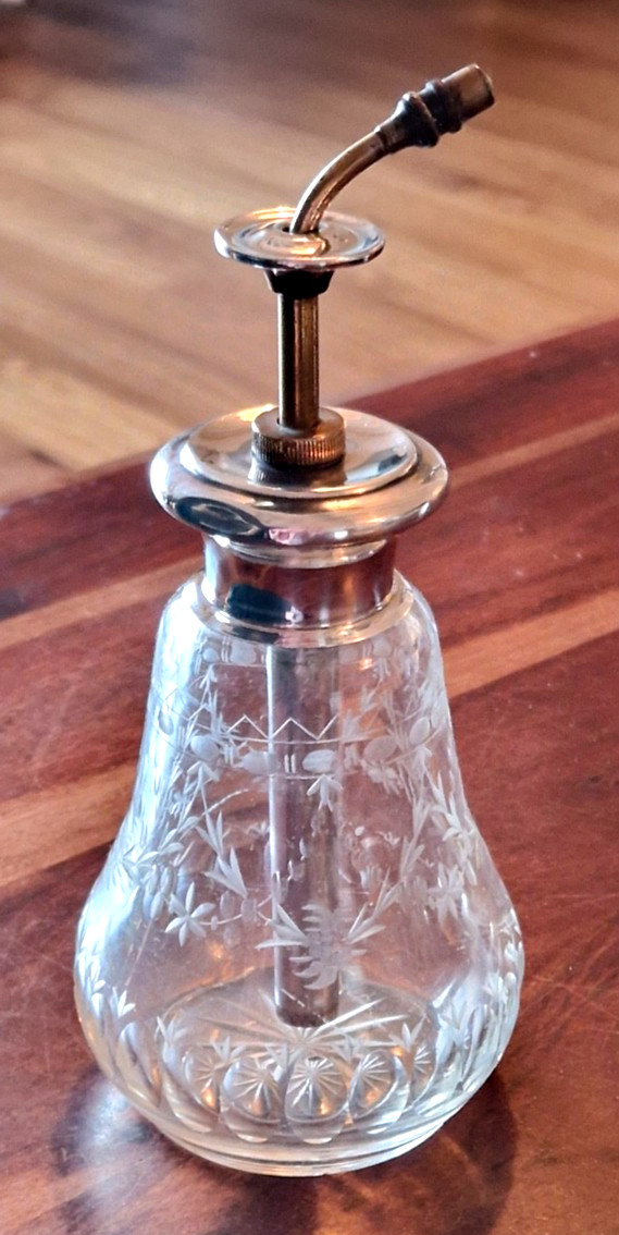 SILVER & CUT & ETCHED CRYSTAL SCENT PERFUME ATOMISER BOTTLE Adie Bros 1924