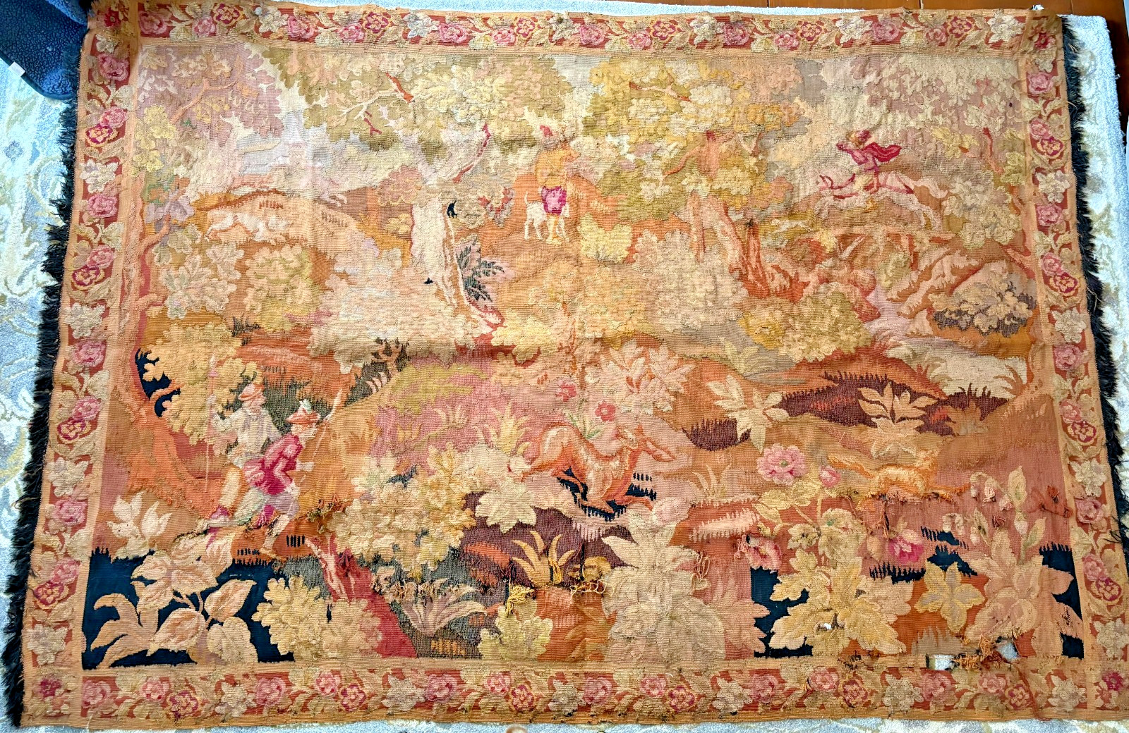 Antique 19th Century Large 7.5’x5′ Hand Woven French? Hunting Scene Tapestry