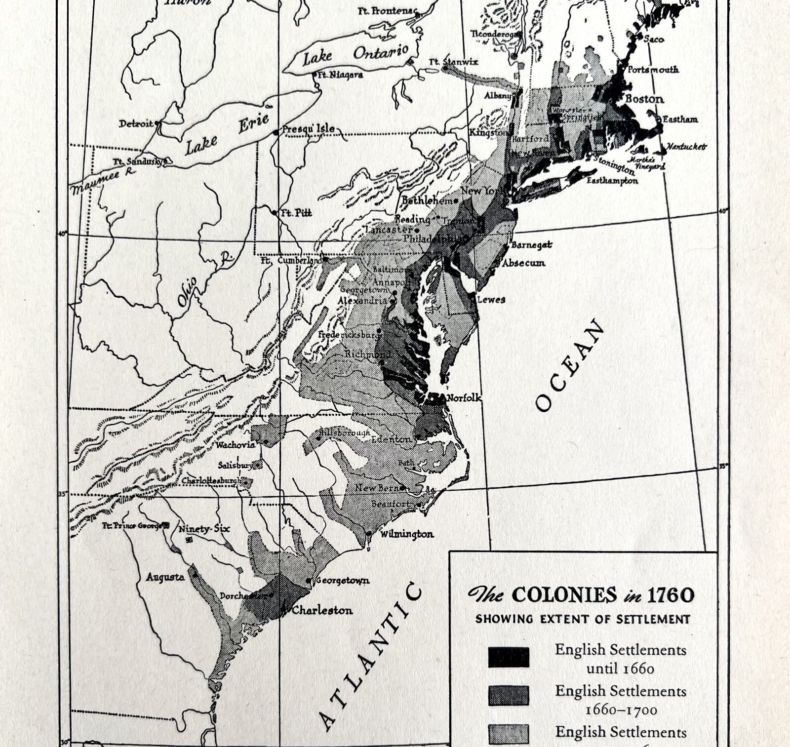 Map 1930 U.S. Colonies In 1760 5.5 x 9″ Settlement History Ephemera DWEE2