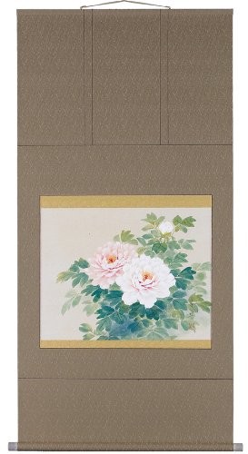 Japanese Hanging Scroll Kakejiku Peony Painting Silk Paulownia Box 28.3×54.7in