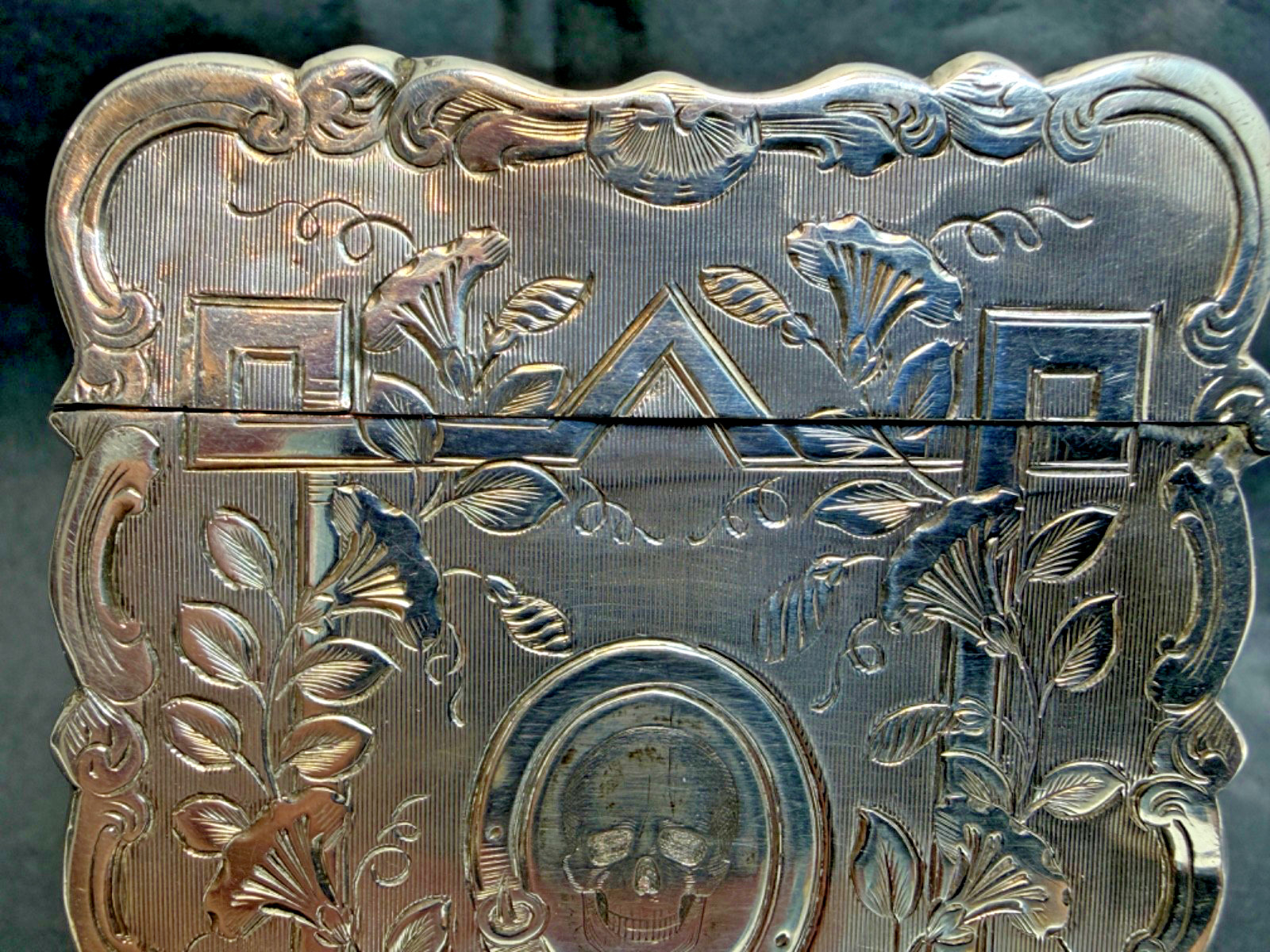1869 Victorian Memento Mori Skull Pocket Business Card Case Box Engraving Vine