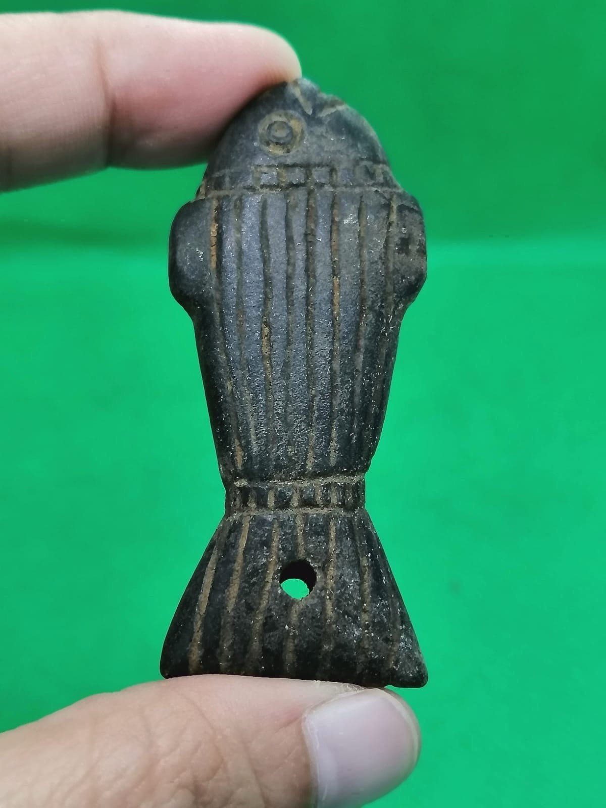 Roman Carved Stone Fish Amulet Pendant Dark Green Hardstone