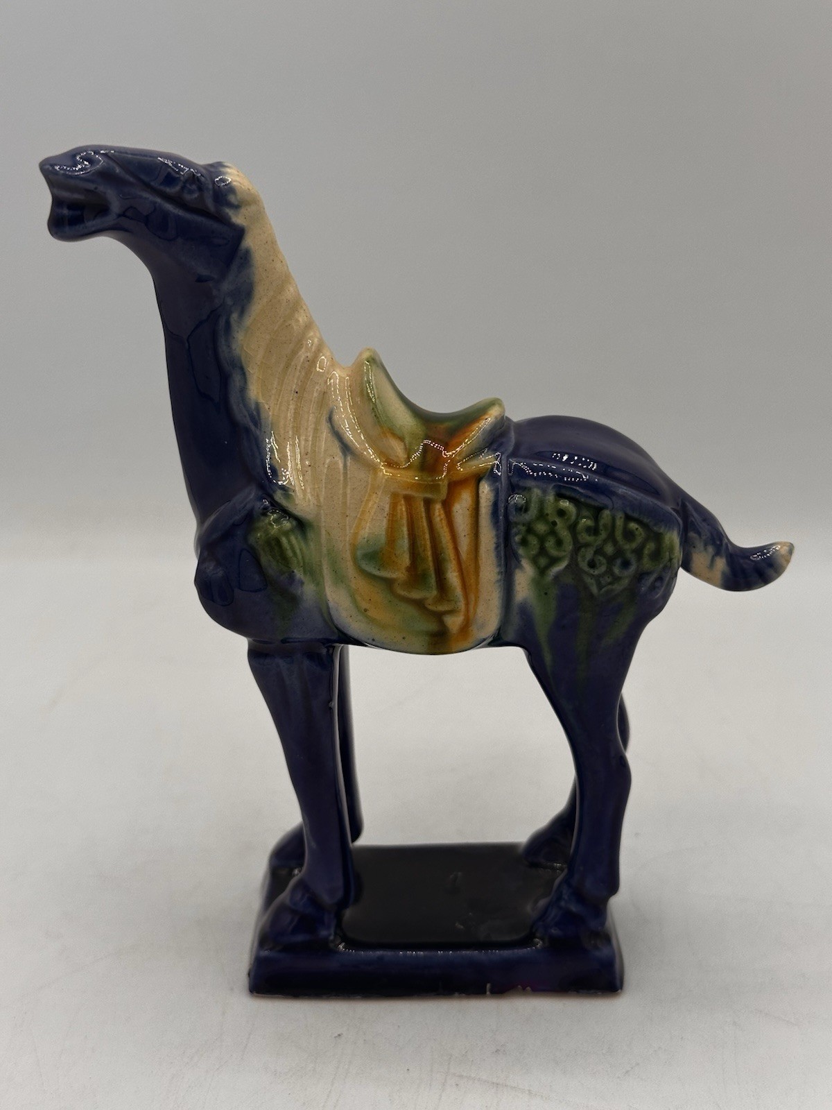 Chinese Sancai Drip Glaze War Horse Figurine Tang Dynasty Style 5.5″ T Blue EUC