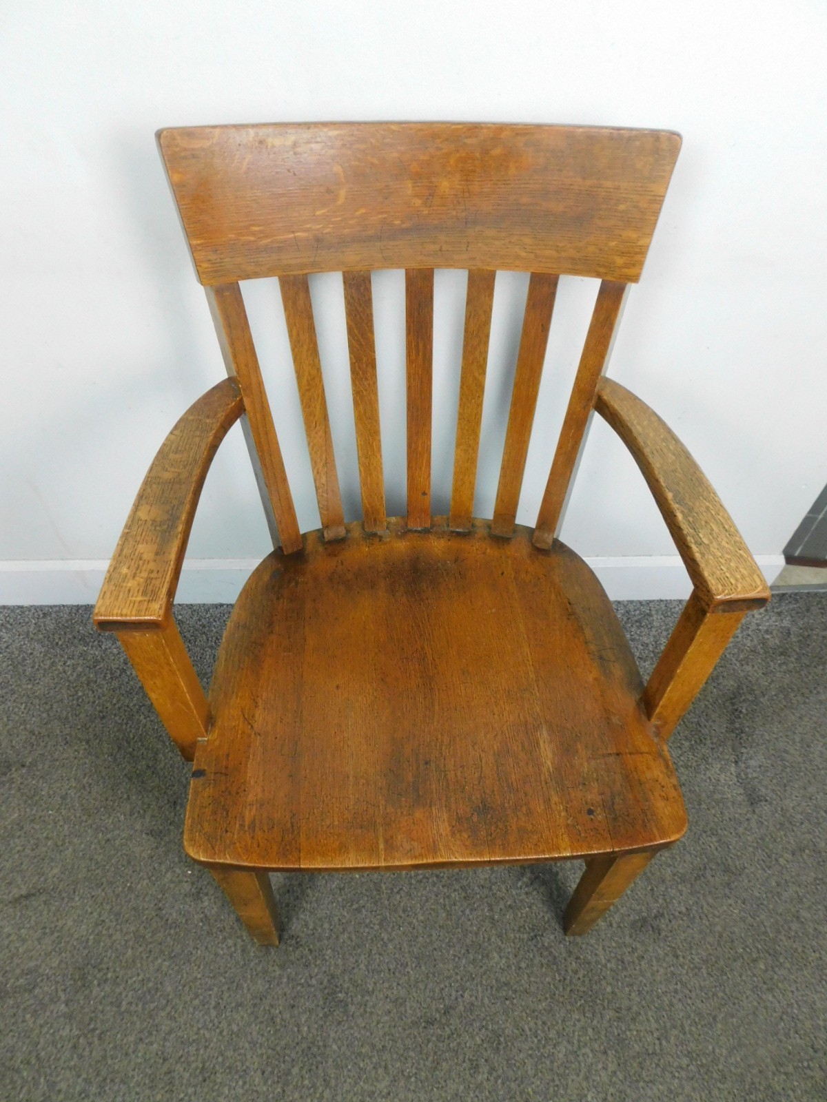 Antique Solid Oak Arm Chair 1950s Desk Office Slat Back Banker Industrial VTG