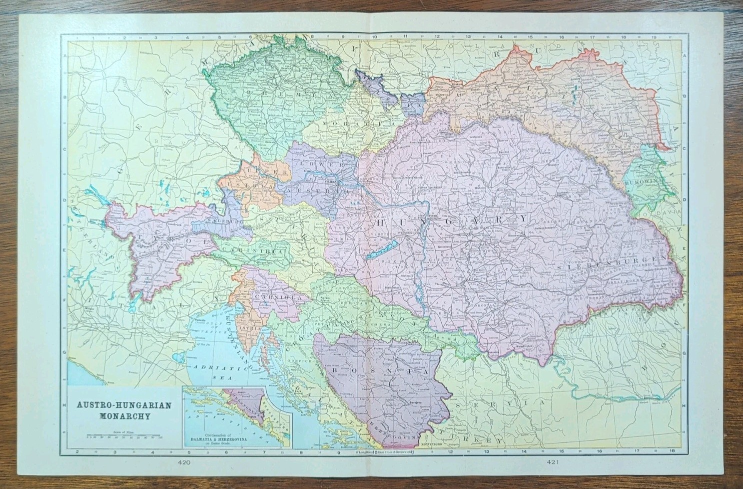 Vintage 1907 AUSTRIA Map 22″x14″ ~ Old Antique Original BUDAPEST PRAGUE VIENNA