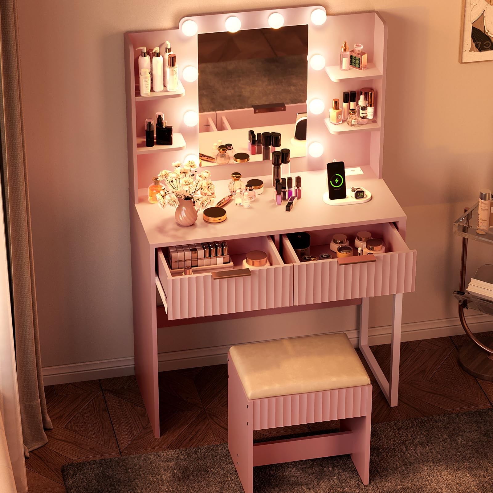 VINGLI Fluted Makeup Vanity Desk with Mirror & Lights & Power 33in, Pink