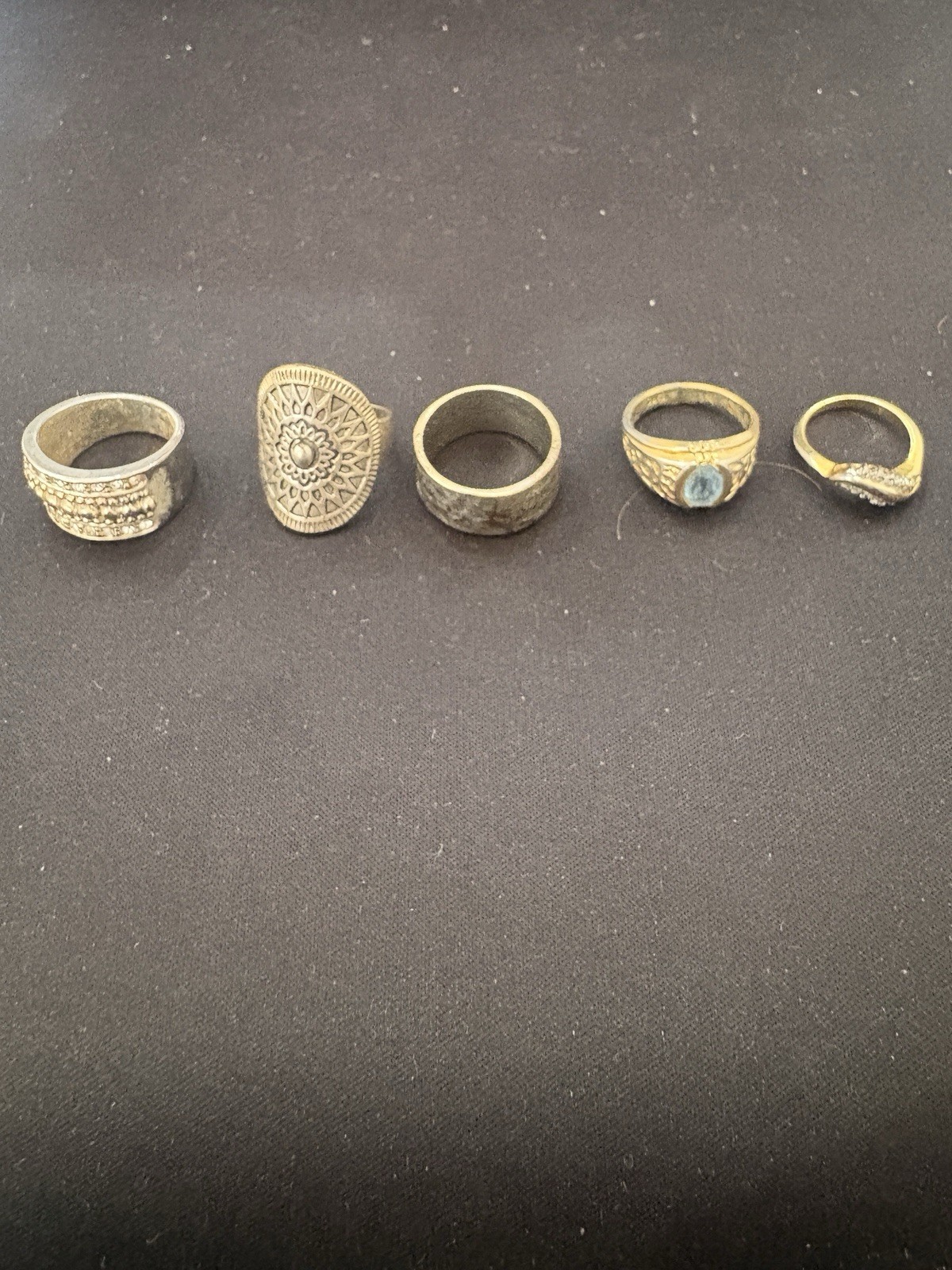 Lot 5 Fashion Rings Silver Gold Tone Mandala Band Blue Stone Sz 4-7.5 #143