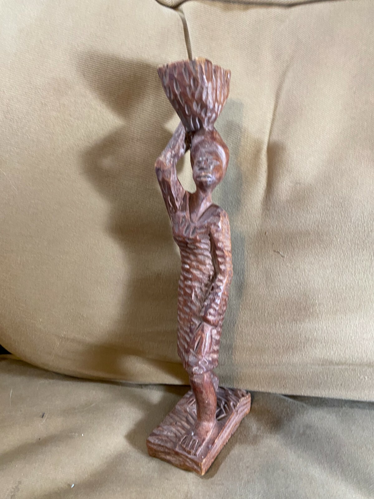 11.0 Inches Tall Vintage Tribal Wood Carved Female Figure With Basket On Head