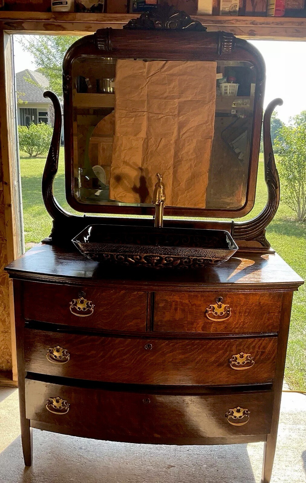 Vintage Victorian Style Dresser With Brown Rectangular Sink And Gold Faucet