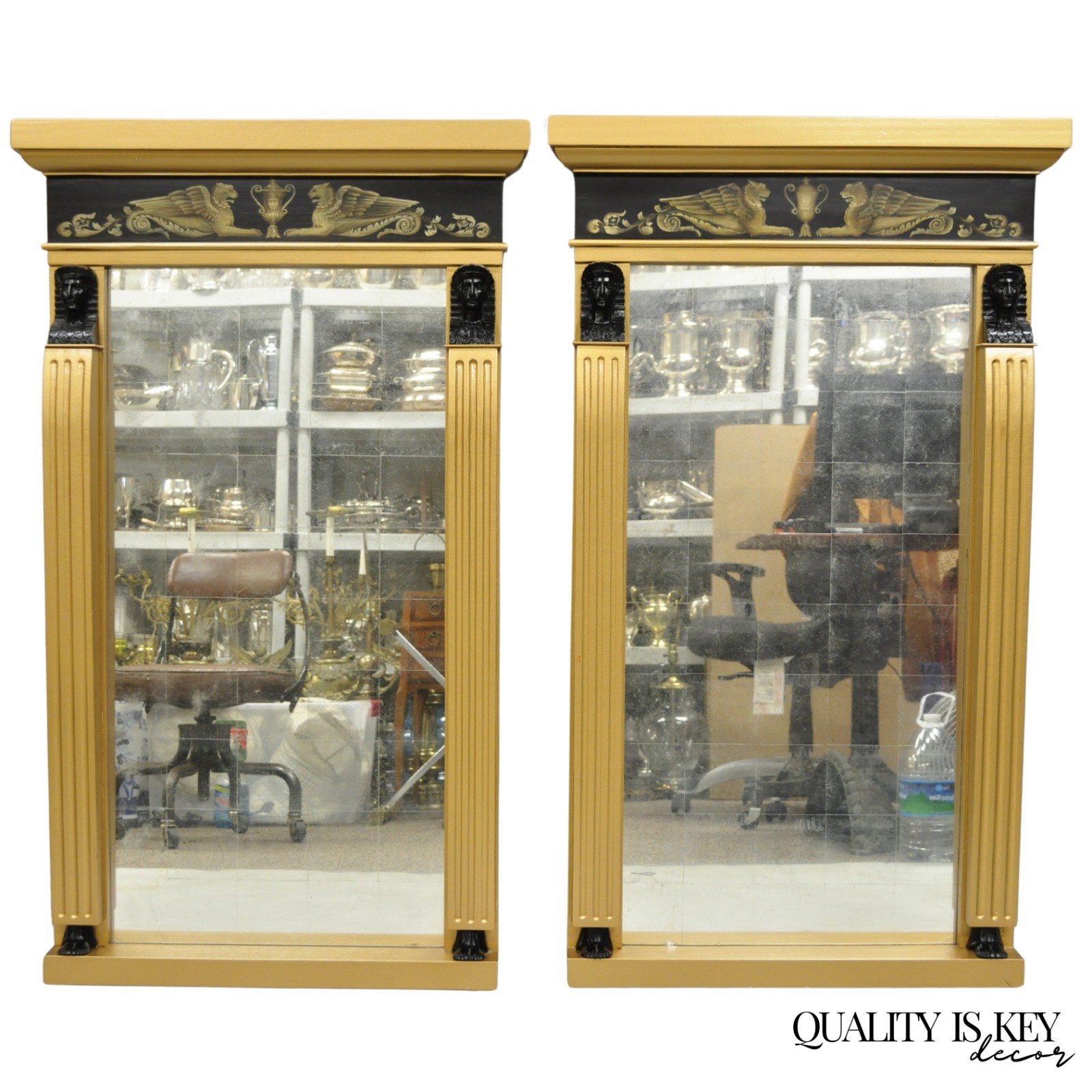 Vintage English Regency Egyptian Revival Style Sphinx Gold Wall Mirrors – a Pair