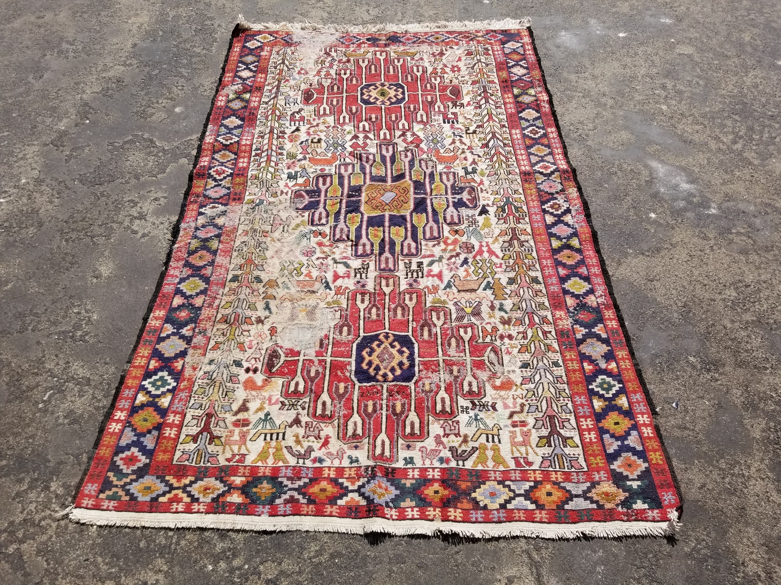 Distressed Vintage Handmade Afghan Soumak Wool Multicolor Kilim Rug 5.11×3.9ft