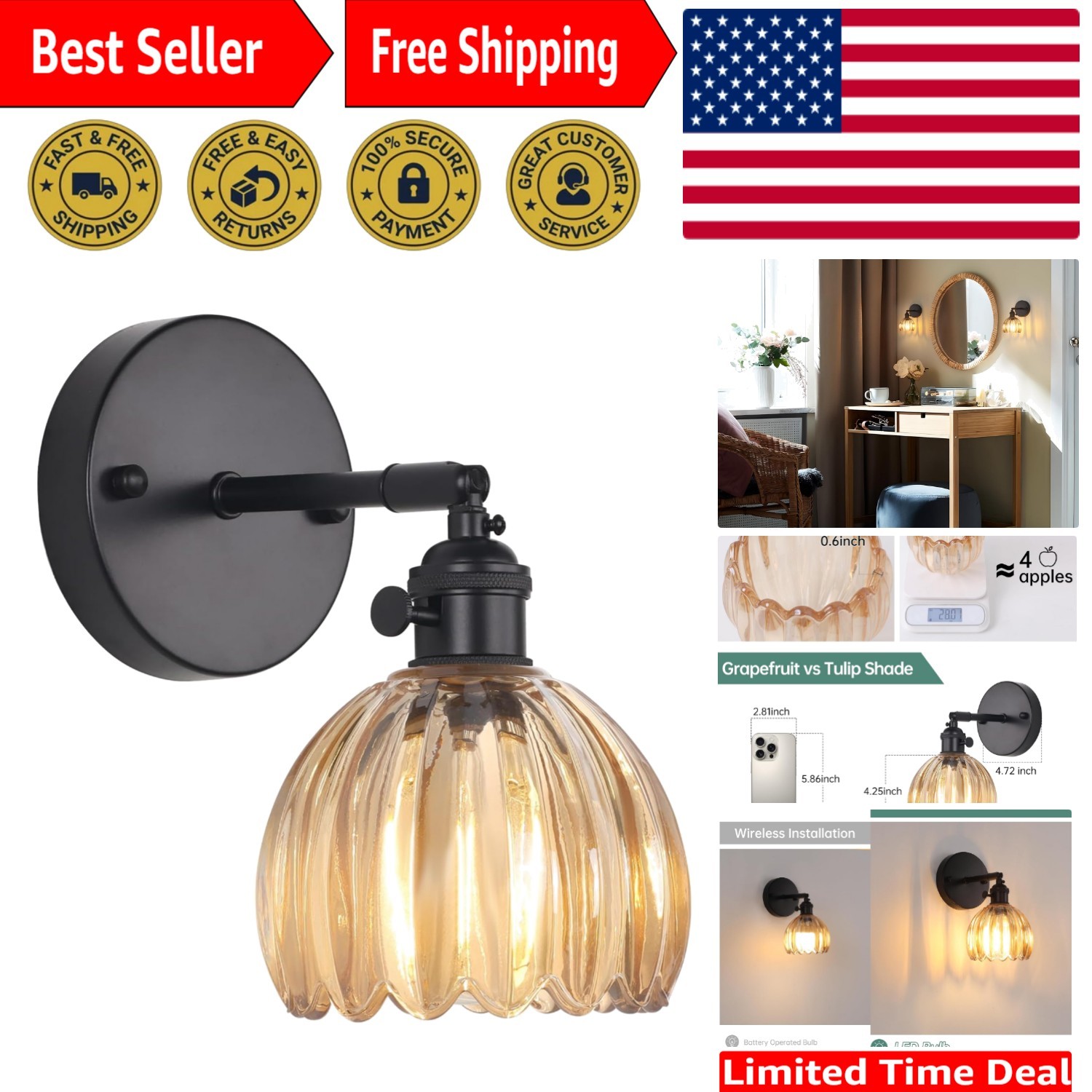 Hardwired Vintage Wall Sconce with Warm Amber Glass Shade – Touch Control Switch