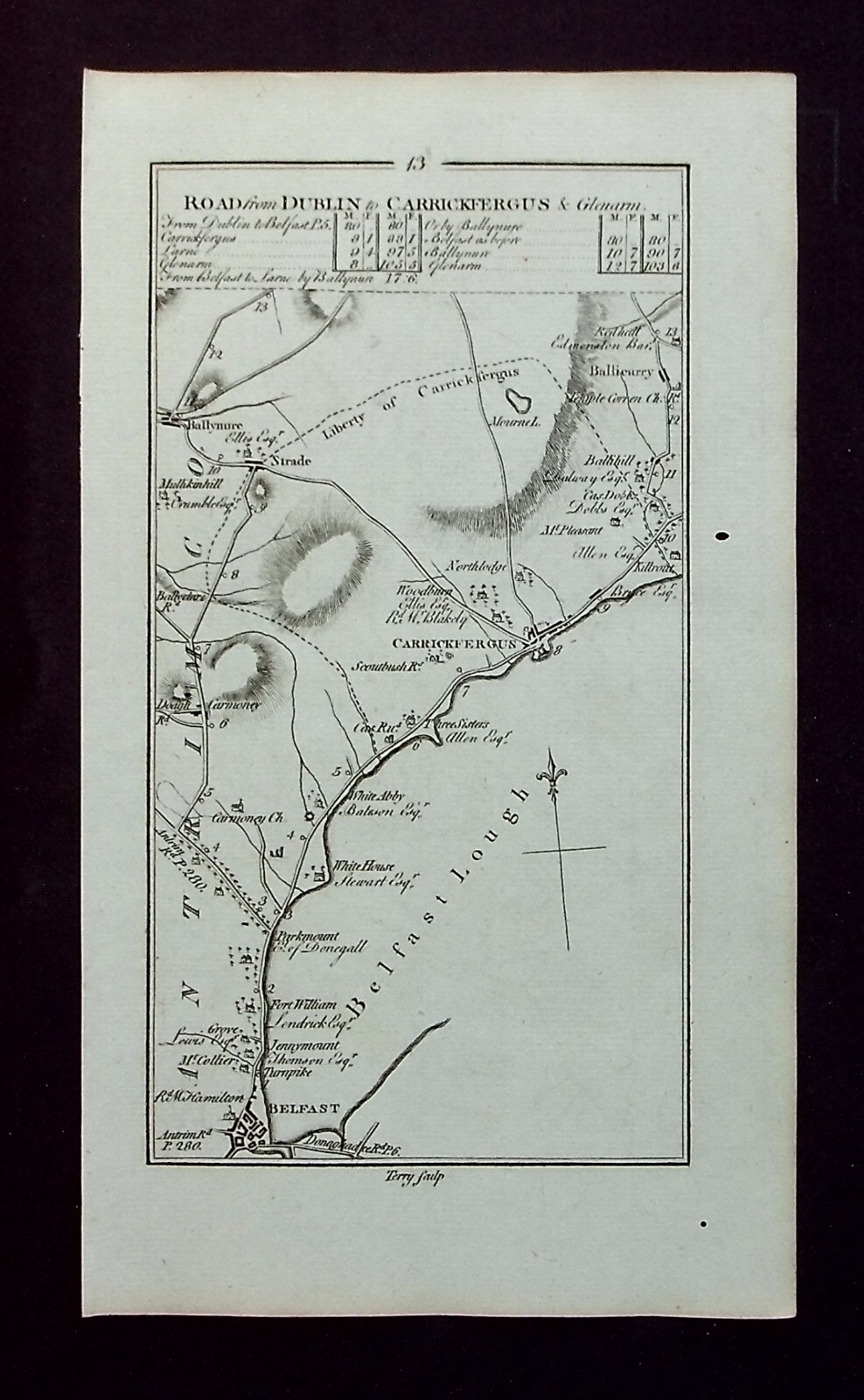 ULSTER, BELFAST, CARRICKFERGUS, LARNE, antique road map, Taylor & Skinner, 1783