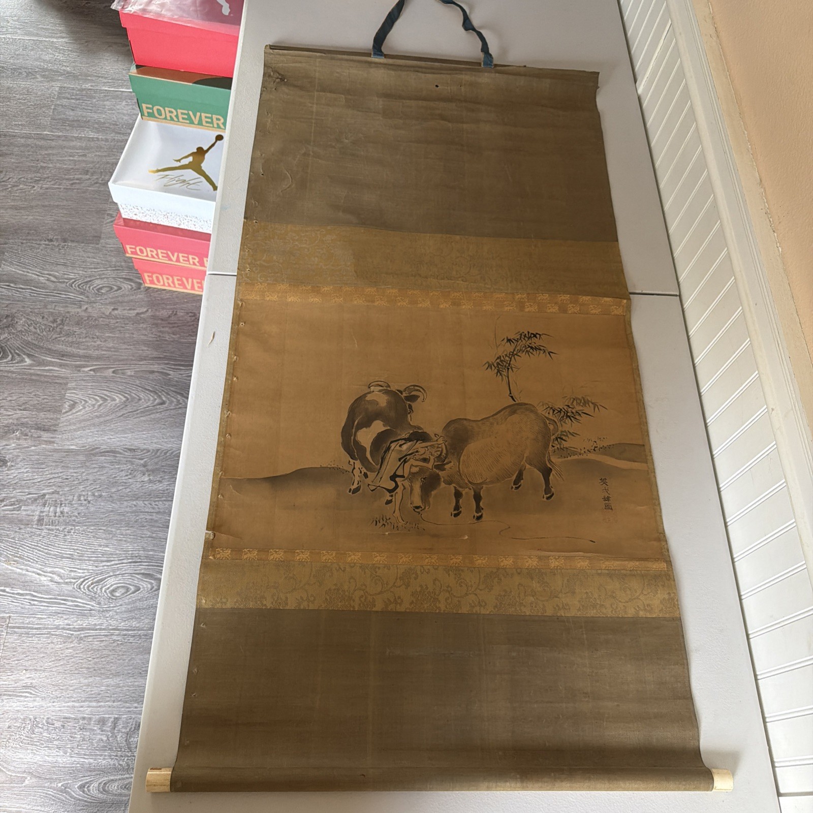 VTG Chinese Silk Scroll Painting ‘Ying Ge Die Tu’ Silk