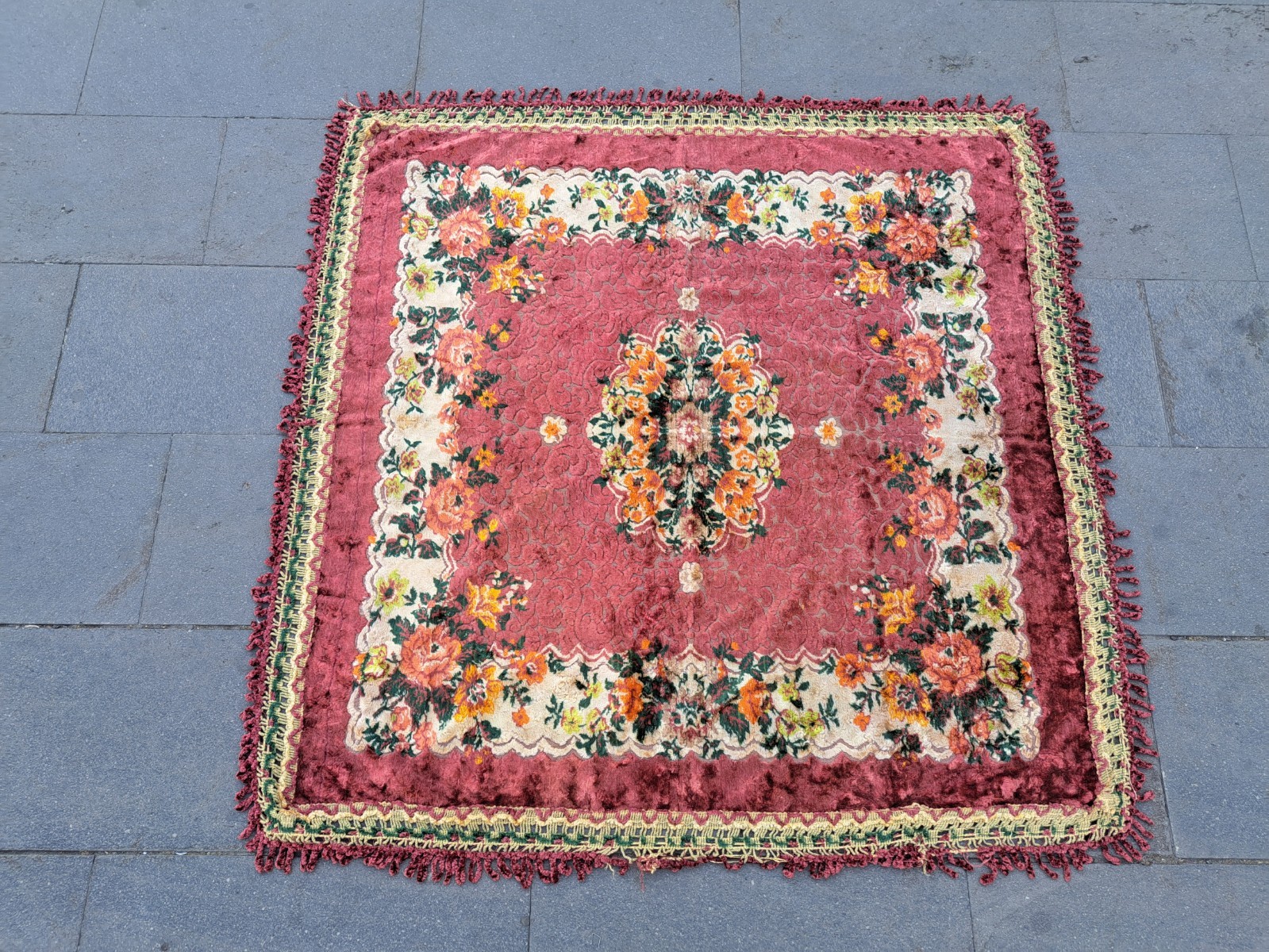 Turkish Velvet Rug, Table Ornament, Vintage Tapestry, Wall Art, 4.3 x 4.3 ft