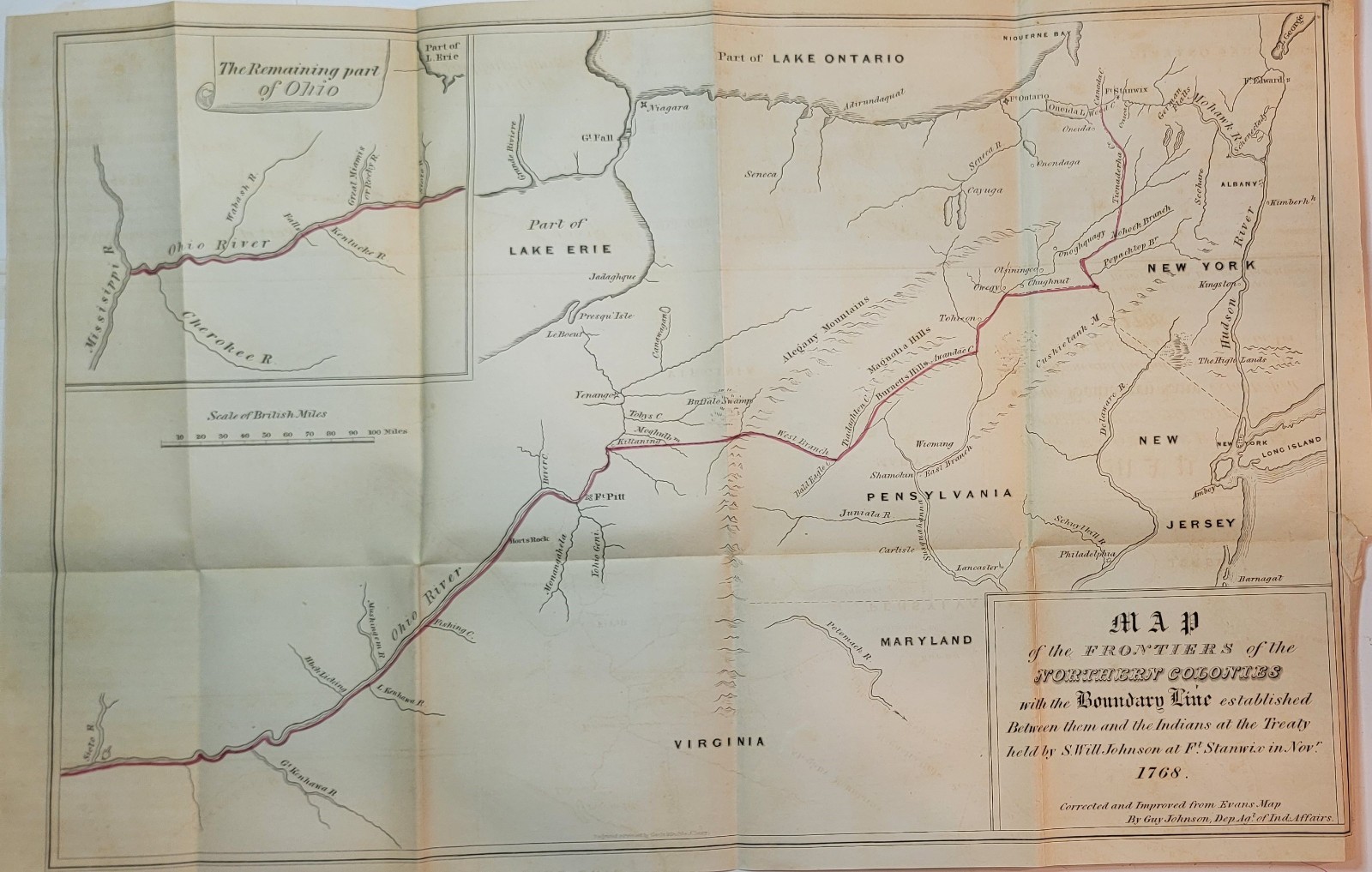1849 folded colored map boundary between Northern Colonies and Indians New York