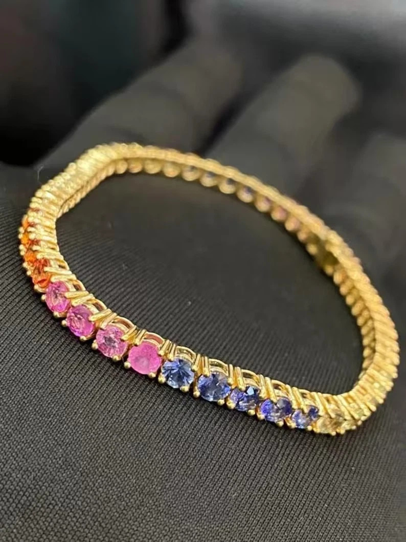 15Ctw Round Cut Multicolor Rainbow 14K Yellow Gold Plated Tennis 4MM Bracelet