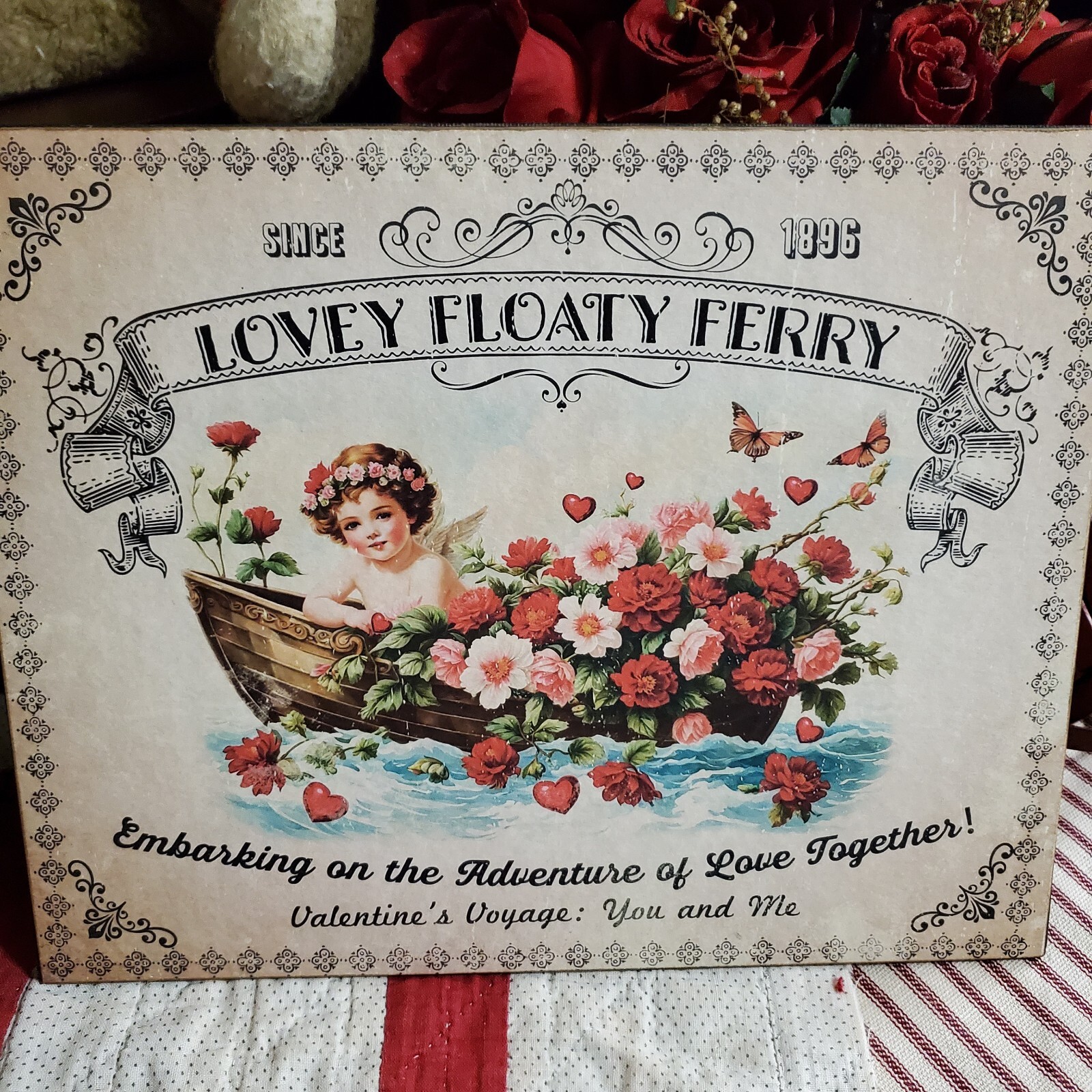SHABBY VICTORIAN PRIMITIVE VINTAGE STYLE VALENTINE 1896 LOVEY FLOATY FERRY SIGN