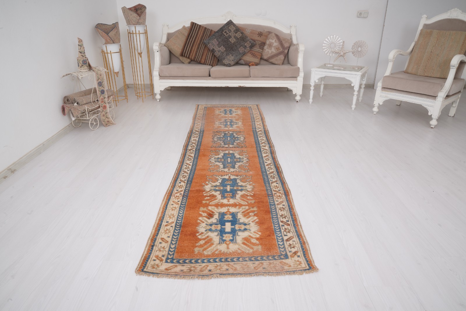 Vintage Runner Turkish Oushak Rug 3×9 ft Neutral Handmade Anatolian Wool Rug 405