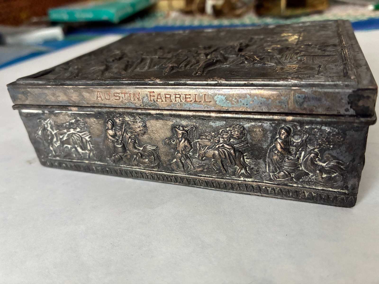 Antique E.G. Webster & Son Silverplate Cigarette Box Repoussé Tavern Scene