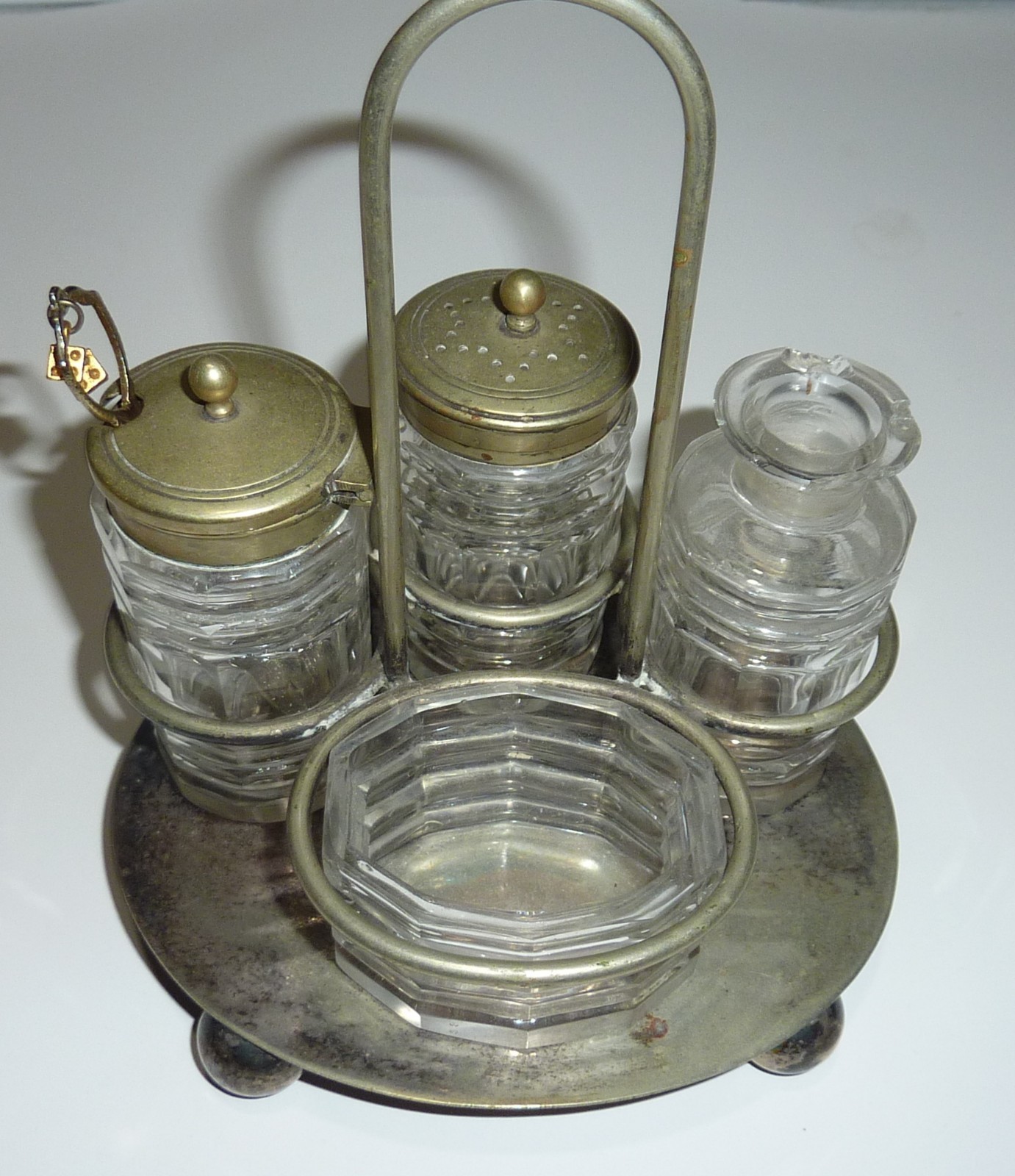 Antique Silver Plate Condiment Cruet Setter Stand with Cut Glass Jars + Spoon