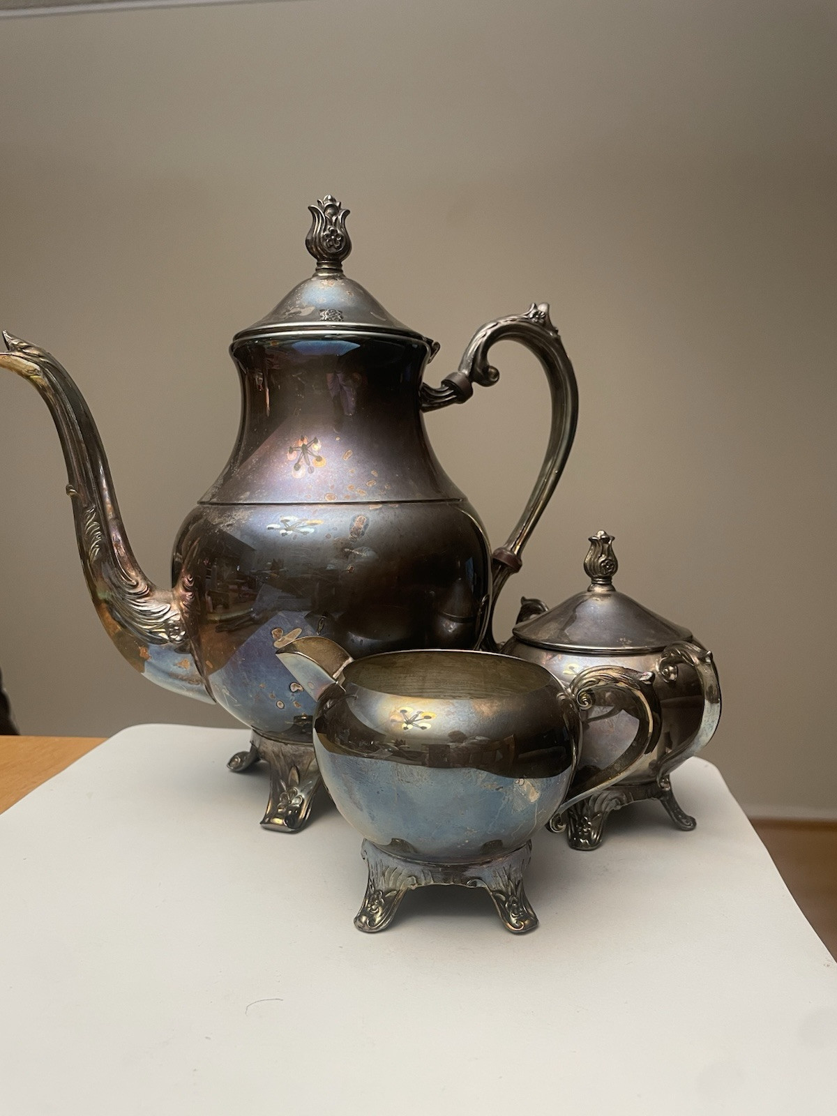 Vintage F B Rogers Silverplated Coffee Tea Set: Pot, Sugar dish, Creamer