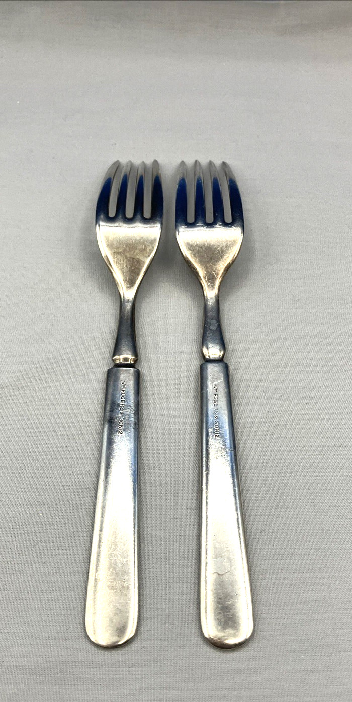 2- Plain Round By International Silver WM Rogers Silverplate Dinner Forks w/MONO
