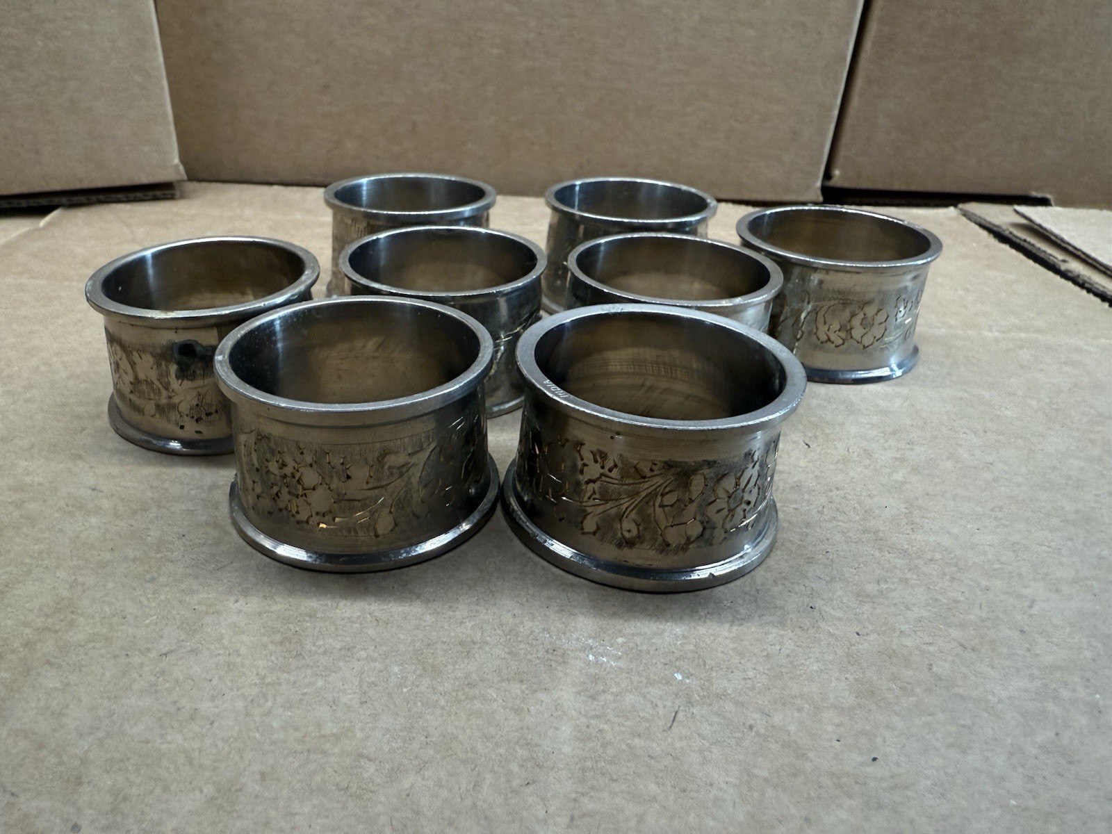 Napkin Rings Set Of 8 Silver Tone Plated Etched Engraving Texture Vintage