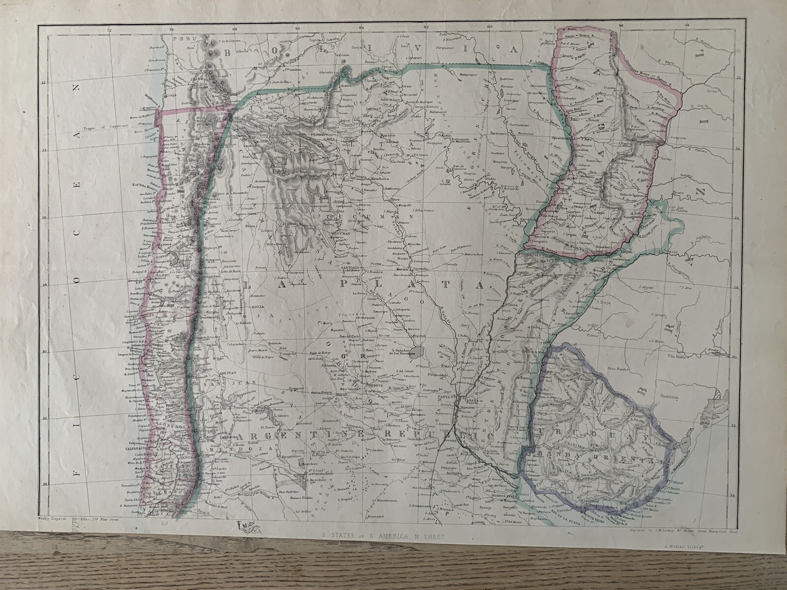 1863 North Argentina, Chile, Uruguay, Paraguay Hand Coloured Weekly Dispatch Map