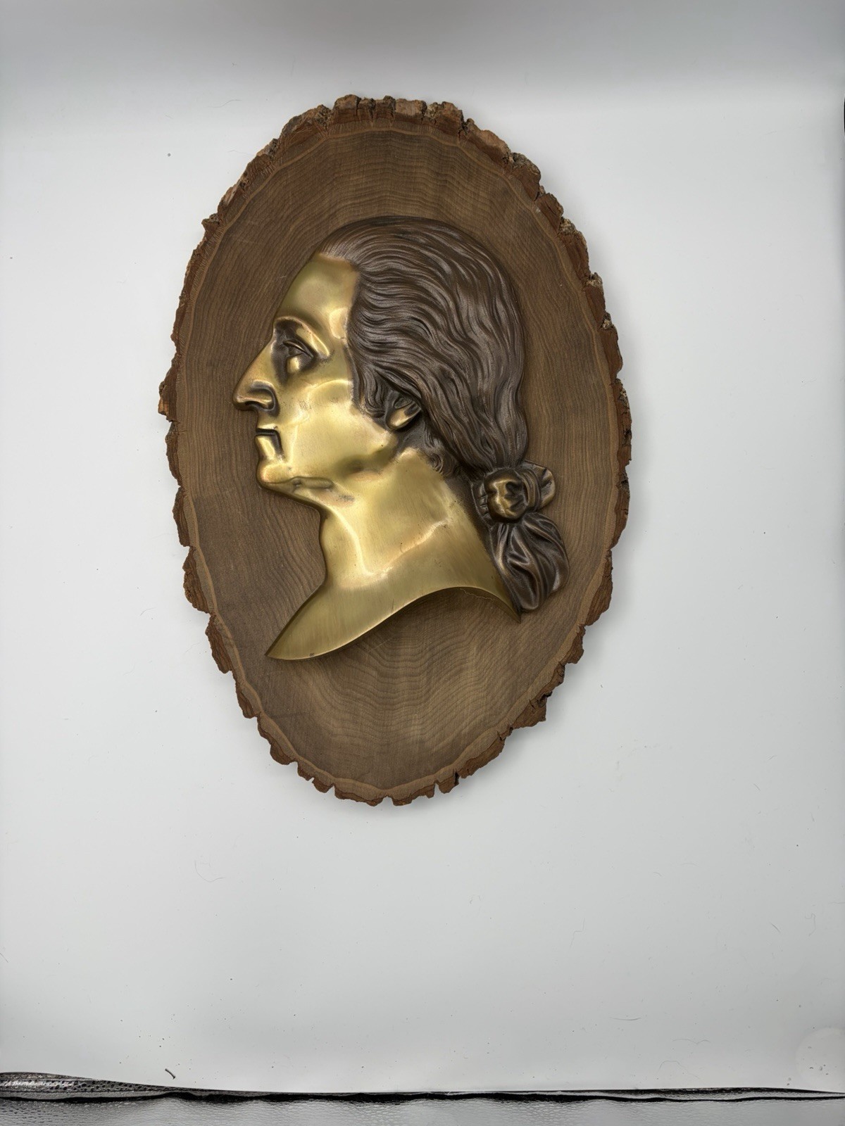 Vintage Brass George Washington Profile On Wood Live Edge Wall Hanging