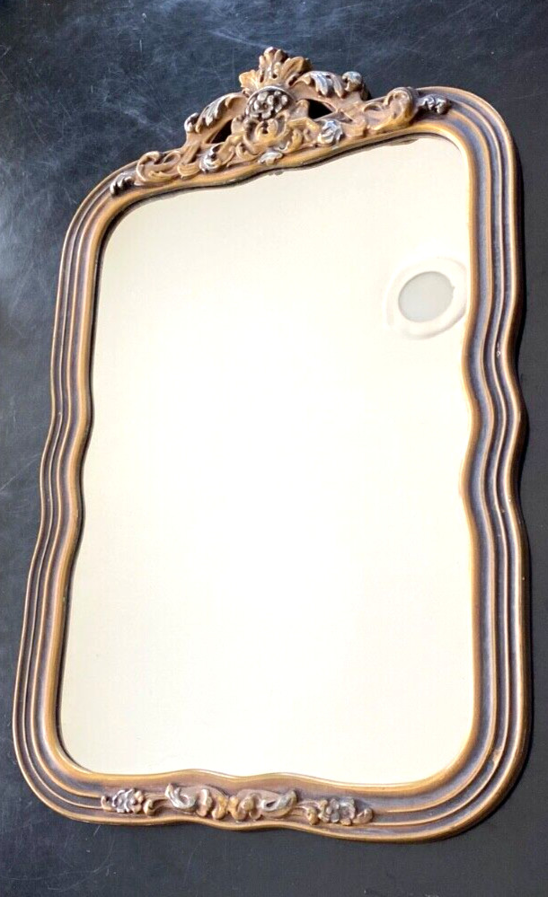 Antique European Ornate Gilded Carved Wood Frame Mirror w/ Wavy Sides 23″ x 14″