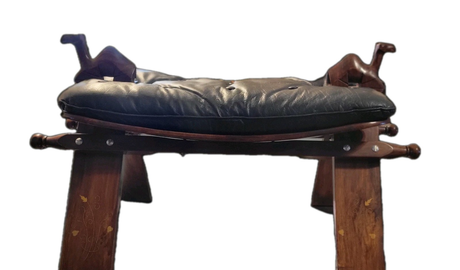 Camel Saddle Stool Rosewood,Inlay,Brass Leather Ottoman 1950’s M Hayat Bros?